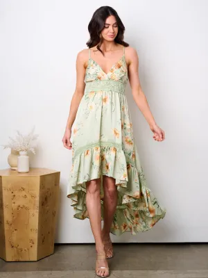 WOMEN'S SLEEVELESS SURPLICE HIGH-LOW FLORAL MAXI DRESS