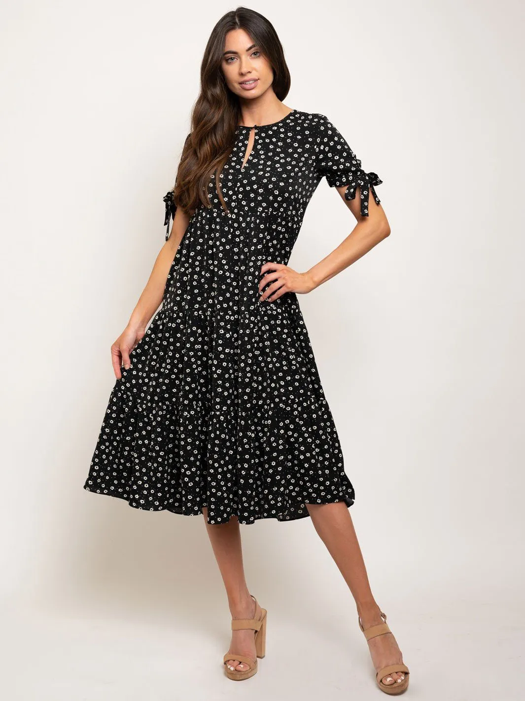 WOMEN'S TIE SHORT SLEEVES FLORAL KEY HOLE MIDI DRESS