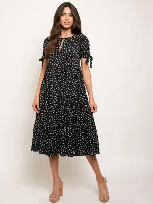 WOMEN'S TIE SHORT SLEEVES FLORAL KEY HOLE MIDI DRESS