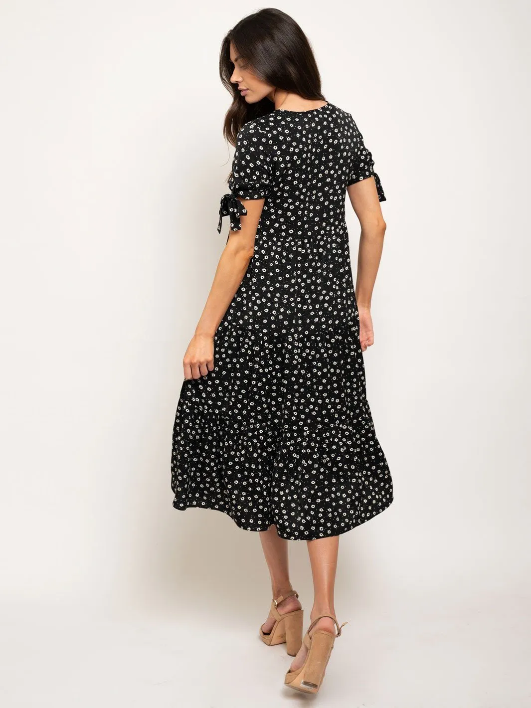 WOMEN'S TIE SHORT SLEEVES FLORAL KEY HOLE MIDI DRESS