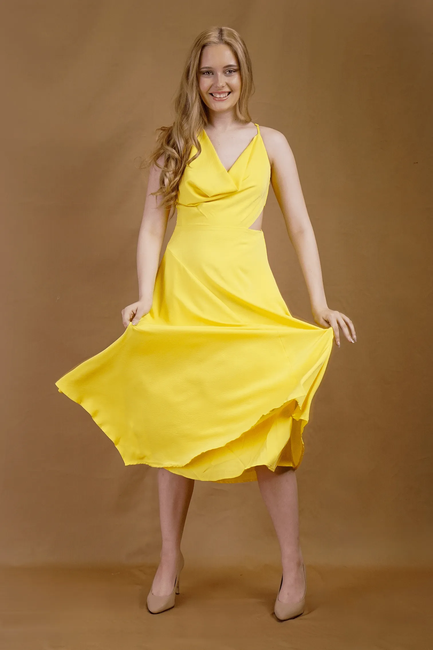 Yellow Cowl Neck Midi Dress