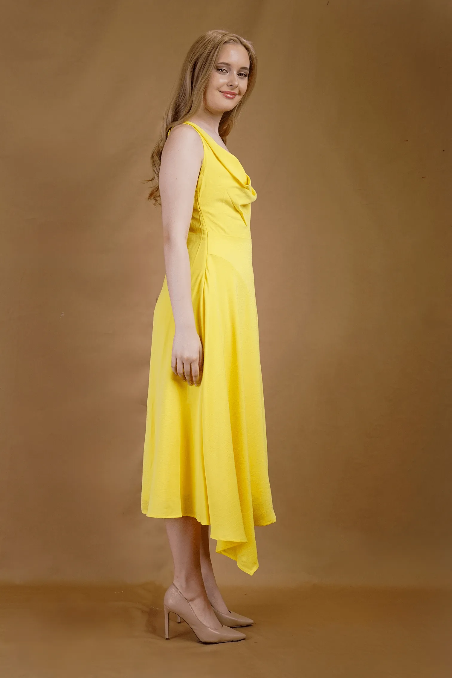 Yellow Cowl Neck Midi Dress