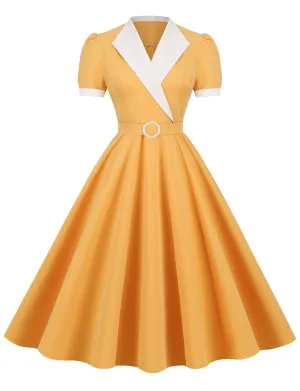 Yellow V Neck Short Sleeve Swing Vintage 1950S Dress With Belt