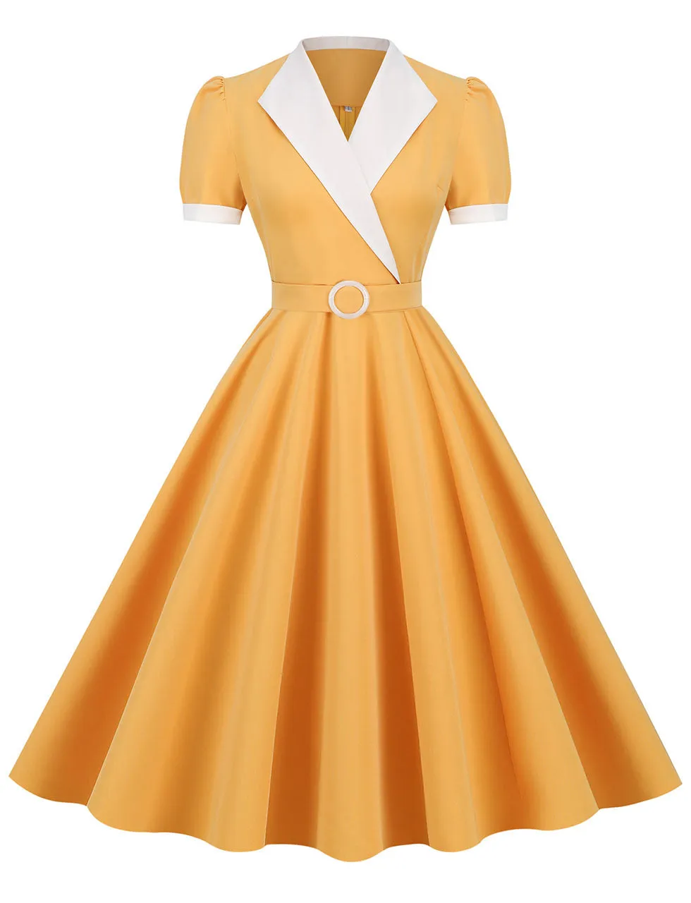 Yellow V Neck Short Sleeve Swing Vintage 1950S Dress With Belt