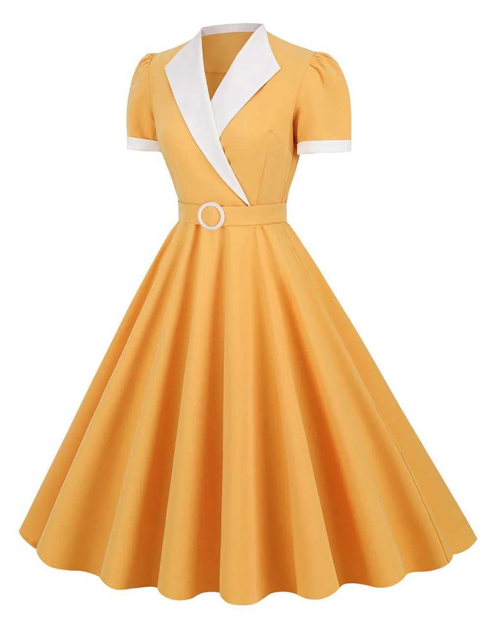 Yellow V Neck Short Sleeve Swing Vintage 1950S Dress With Belt