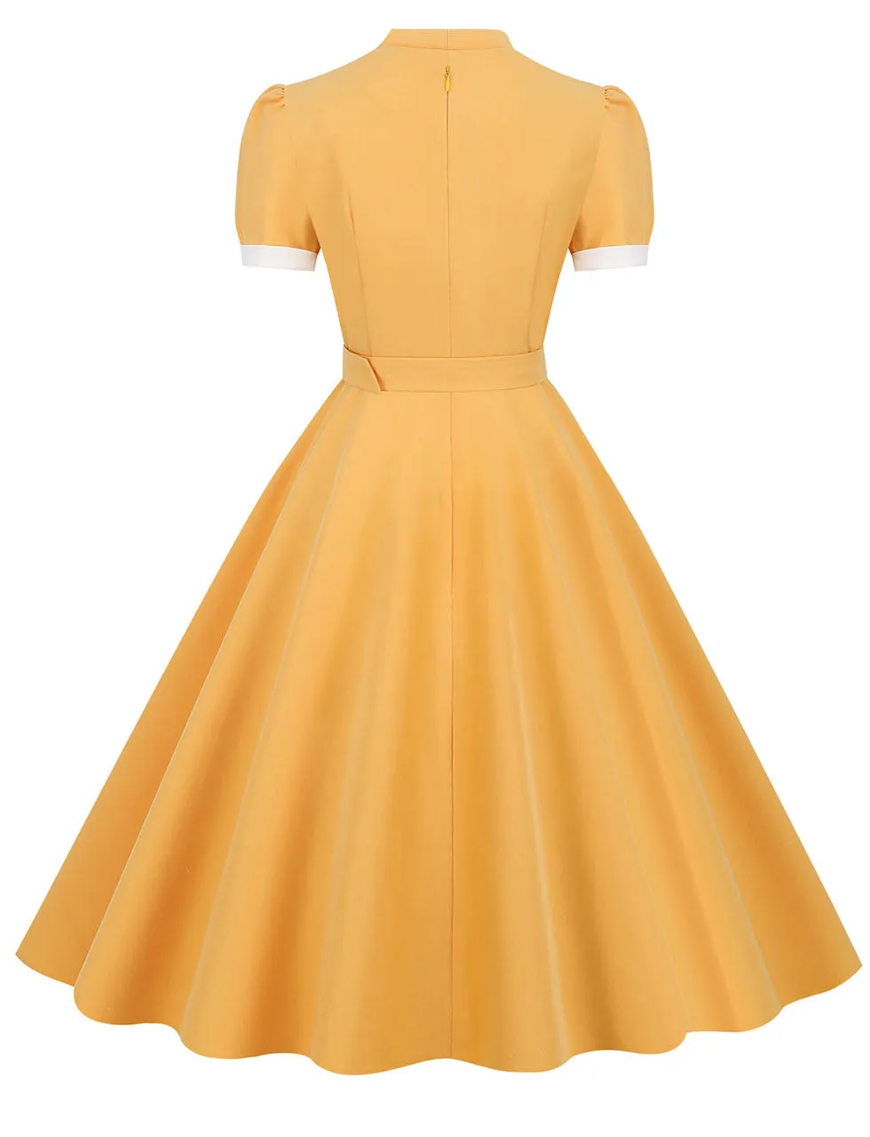 Yellow V Neck Short Sleeve Swing Vintage 1950S Dress With Belt