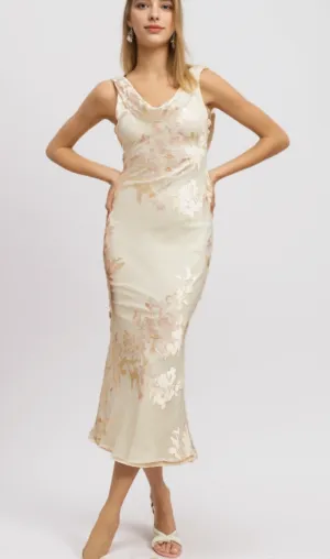 Yolanda beige floral-jacquard midi dress