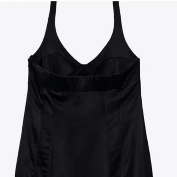 Zara Satin Bustier Mini Dress LARGE Black Lingerie Style open back Seamed NEW