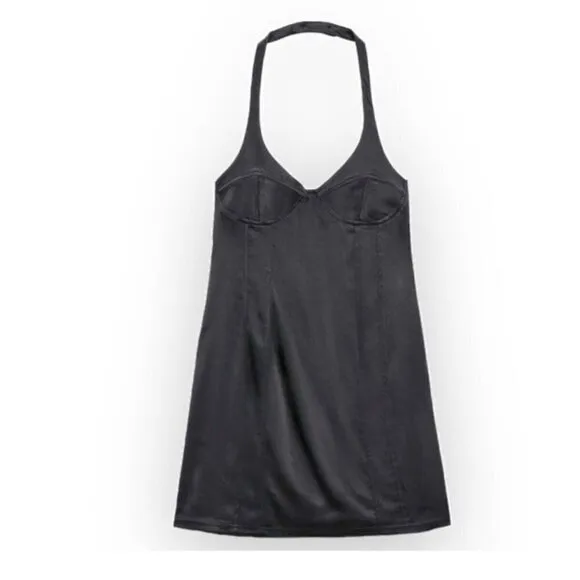 Zara Satin Bustier Mini Dress LARGE Black Lingerie Style open back Seamed NEW