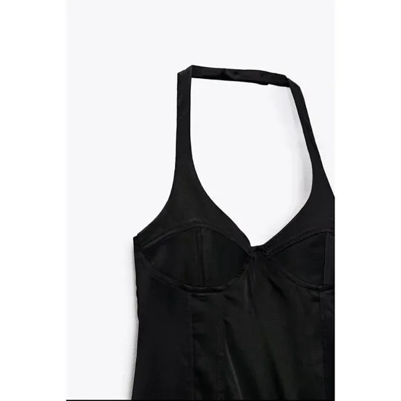 Zara Satin Bustier Mini Dress LARGE Black Lingerie Style open back Seamed NEW